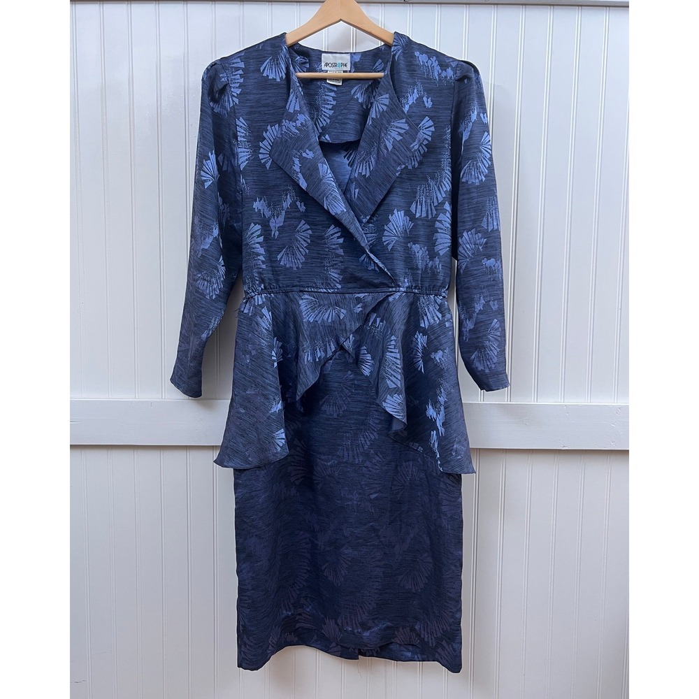 Apostrophe Vtg Peplum Dress 80s Floral Blue Brocade Cocktail Chic Professional